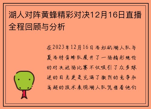 湖人对阵黄蜂精彩对决12月16日直播全程回顾与分析